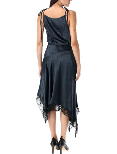 Acne Studios Womens Petrol Blue Asymmetric Lace-trim Satin Midi Dress In Black