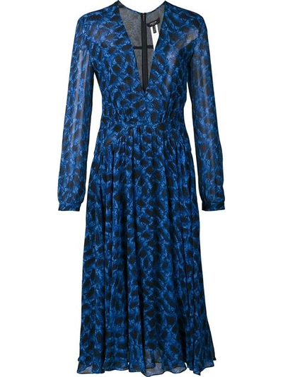 Derek Lam Long-sleeve Python-print Silk Dress, Blue Allium