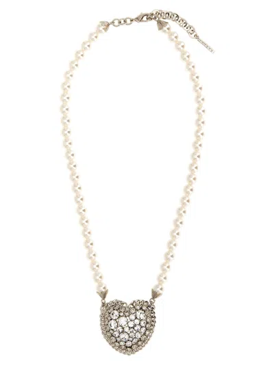 Alessandra Rich Collana Heart In Perle Bianche Donna In Metallic