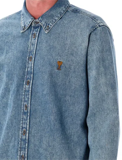 Ami Alexandre Mattiussi Classic Blue Denim Shirt With Structured Collar And Button-down Front In Blue