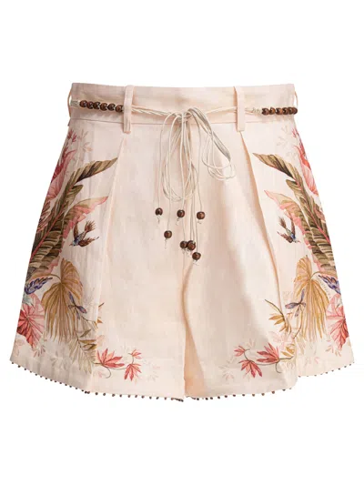 Zimmermann Floral Print Linen Shorts With Removable Waist Strap And Side Pockets In Pink