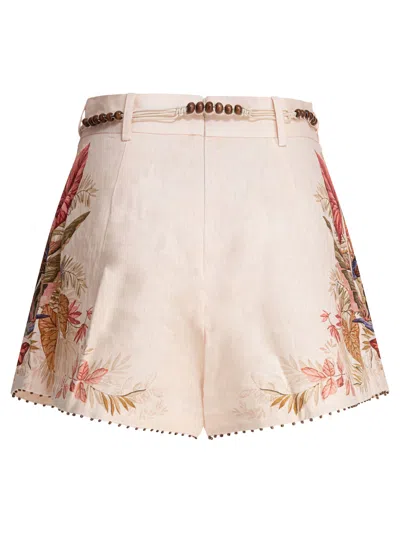 Zimmermann Floral Print Linen Shorts With Removable Waist Strap And Side Pockets In Pink