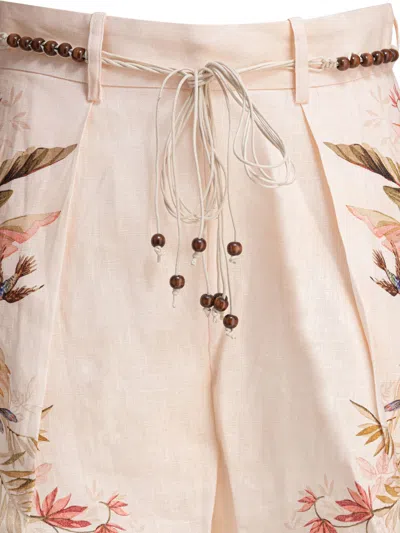 Zimmermann Floral Print Linen Shorts With Removable Waist Strap And Side Pockets In Pink