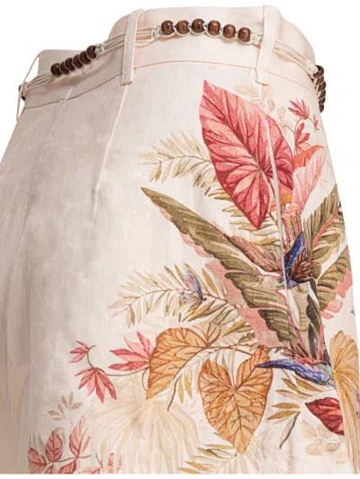 Zimmermann Floral Print Linen Shorts With Removable Waist Strap And Side Pockets In Pink