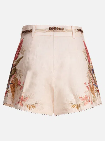 Zimmermann Floral Print Linen Shorts With Removable Waist Strap And Side Pockets In Pink