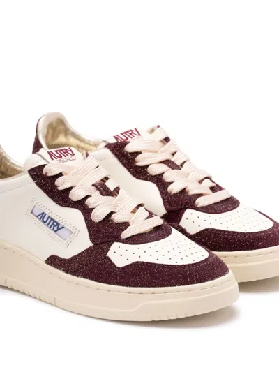 Autry Sneakers Medalist Low In Avory And Burgundy Glittered Leather. In Brown