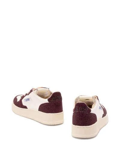Autry Sneakers Medalist Low In Avory And Burgundy Glittered Leather. In Brown