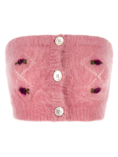 Alessandra Rich Mohair Top With Button Detailing And Floral Embroidery