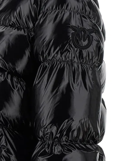 Pinko Oversized Black Puffy Coat With Glossy Finish And Hood In Black