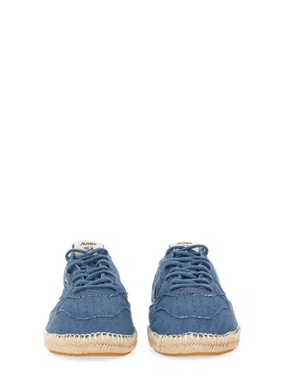 Autry Canvas Lace-up Flat Shoes With Woven Jute Sole In Blue