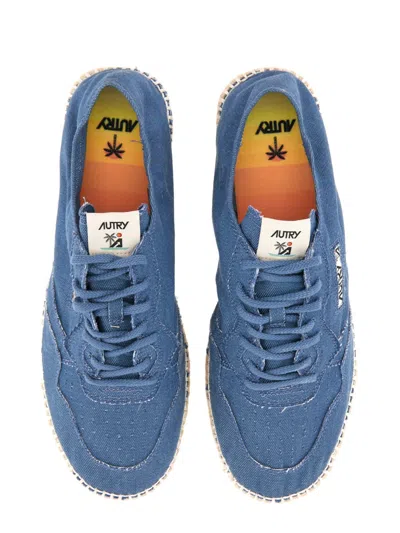 Autry Canvas Lace-up Flat Shoes With Woven Jute Sole In Blue