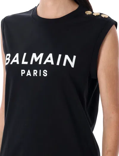 Balmain Logo Printed Sleeveless Tank Top In Black