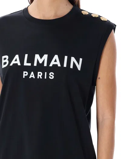 Balmain Logo Printed Sleeveless Tank Top In Black