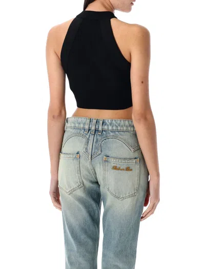 Balmain Cropped Knit Top With Gold Buttons In Black