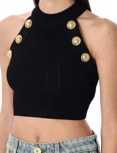 Balmain Cropped Knit Top With Gold Buttons In Black