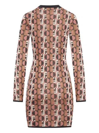Fendi Shiny Jacquard Viscose Mini Dress With Geometric Pattern In Brown