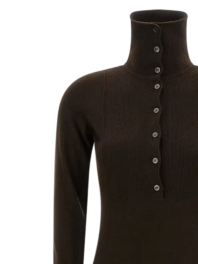 Tom Ford Neckline Dress With Button Detailing And Ribbed Texture In Brown