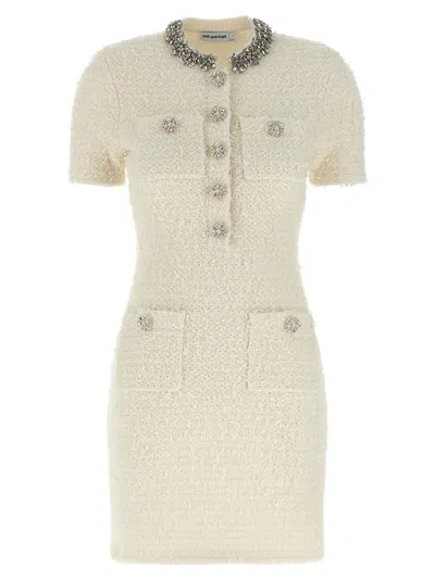 Self-portrait Mini Dress With Knit Tweed Texture And Crystal Accents In Gold
