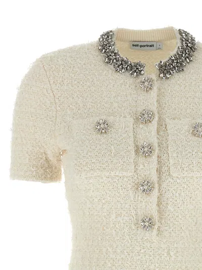 Self-portrait Mini Dress With Knit Tweed Texture And Crystal Accents In Gold