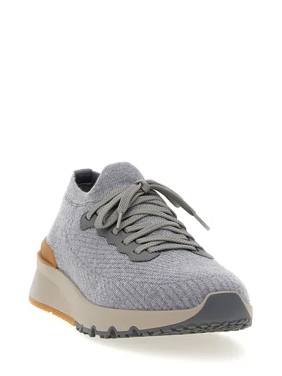 Brunello Cucinelli Low Slip-on Stretch Wool Knit Sneakers With Rubber Sole In Gray