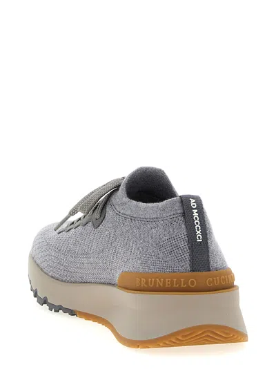 Brunello Cucinelli Low Slip-on Stretch Wool Knit Sneakers With Rubber Sole In Gray