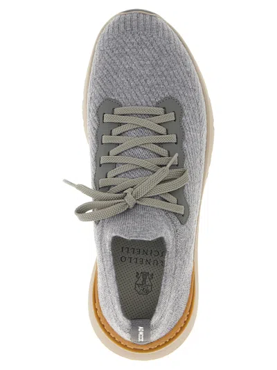 Brunello Cucinelli Low Slip-on Stretch Wool Knit Sneakers With Rubber Sole In Gray