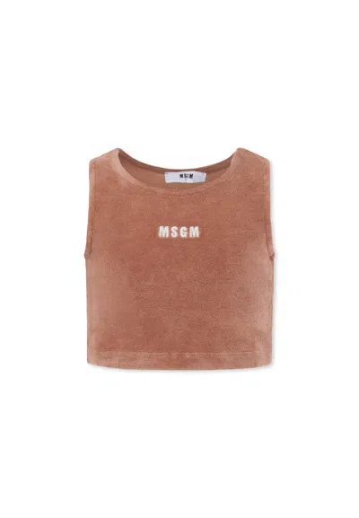 Msgm Terry-cloth Sleeveless Crop Top In Brown
