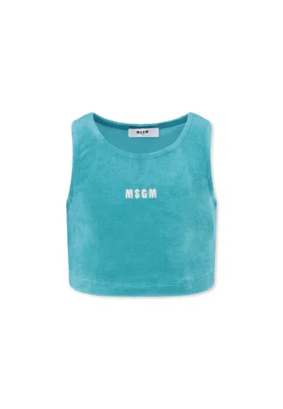Msgm Logo-embroidered Cropped Tank Top In Blue