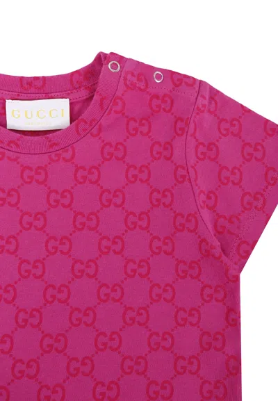 Gucci Fuchsia T-shirt For Baby Girl With Gg Motif In Pink