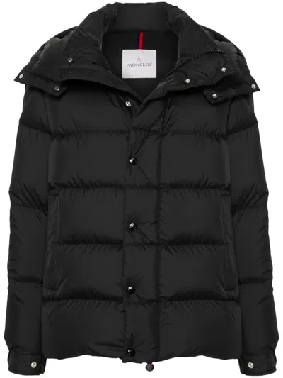 Moncler Long Little Down Jacket With Square Quilting And Hood In Black