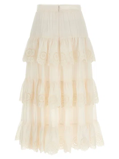 Zimmermann Women Ivory Embroidered Cotton Lucky Tiered Midi Skirt In Neutral