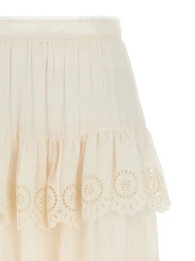 Zimmermann Women Ivory Embroidered Cotton Lucky Tiered Midi Skirt In Neutral