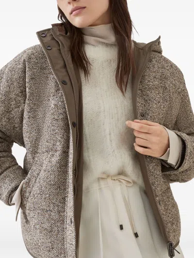 Brunello Cucinelli Women Chevron Down Jacket With Hoodie In Brown