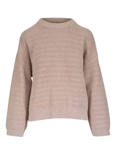 Brunello Cucinelli Diamond Cotton Crew Neck Sweater In Pink