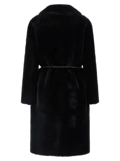 Blancha Straight-volpe Fur Belted Long Jacket In Black