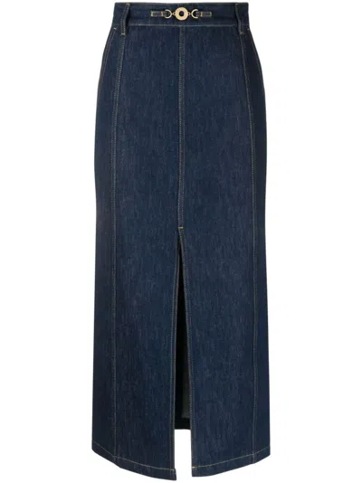 Patou Slit-detail Organic-denim Midi Skirt In Blue