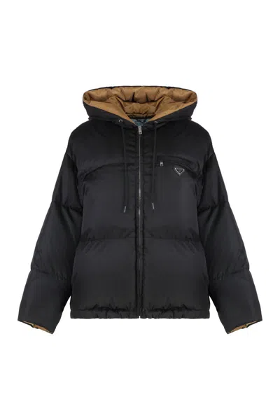 Prada Re-nylon Gabardine Hooded Down Jacket In Black