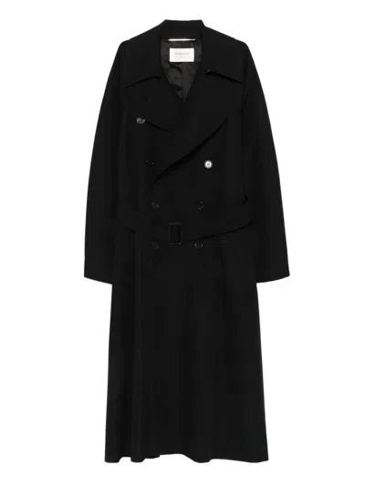 Saint Laurent Double-breasted Long Coat In Grain De Poudre In Black