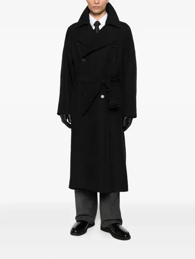 Saint Laurent Double-breasted Long Coat In Grain De Poudre In Black