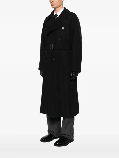 Saint Laurent Double-breasted Long Coat In Grain De Poudre In Black