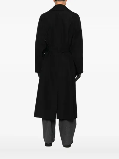 Saint Laurent Double-breasted Long Coat In Grain De Poudre In Black