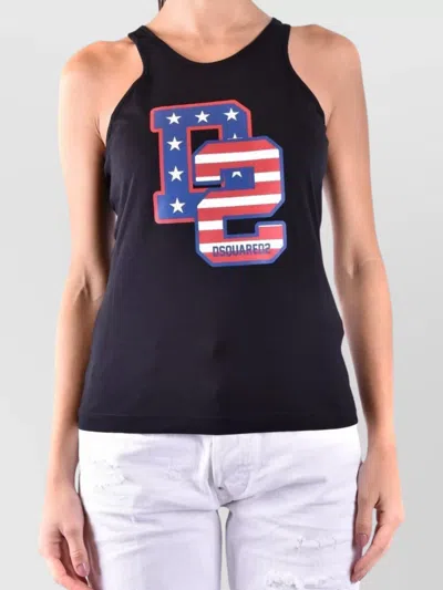 Dsquared2 Fitted Graphic Racerback Round Sleeveless Top In Black