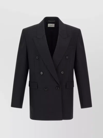 Saint Laurent Double-breasted Blazer In Silk Satin Crepon In Black
