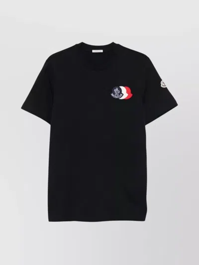 Moncler Blue T-shirt With Embroidered Tricolor Logo In Black