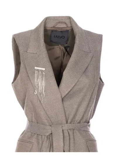 Liu •jo Tailored Sleeveless Jacket With Belted Waist In Brown
