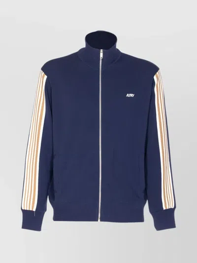 Autry High-collar Blue Jacket With Vertical Stripes And Ribbed Cuffs In Blue