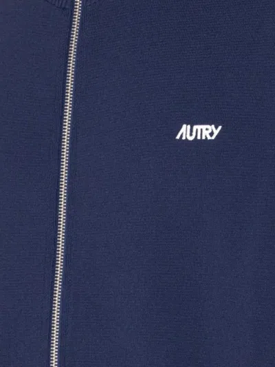 Autry High-collar Blue Jacket With Vertical Stripes And Ribbed Cuffs In Blue