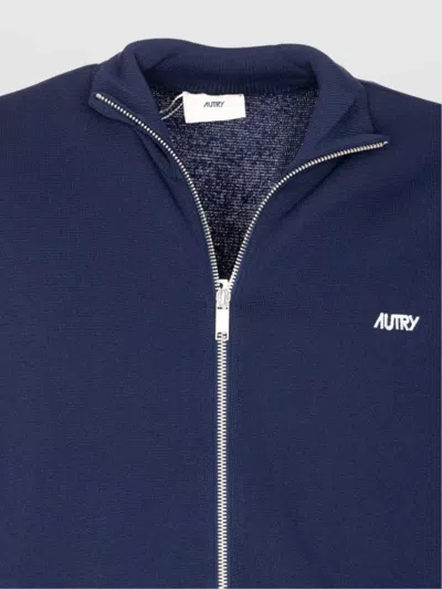 Autry High-collar Blue Jacket With Vertical Stripes And Ribbed Cuffs In Blue