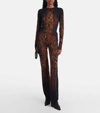 Jean Paul Gaultier Wood Printed Mesh Trouser In Brown
