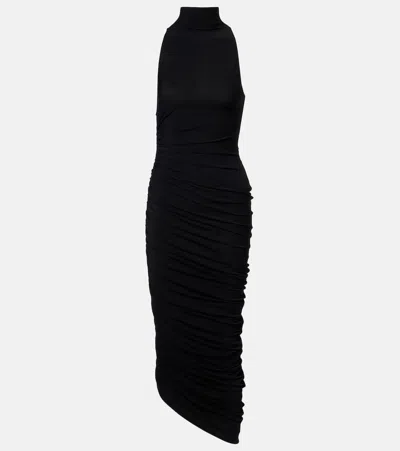 Jacquemus The Piazza Asymmetric Gathered Stretch-jersey Turtleneck Dress In Black